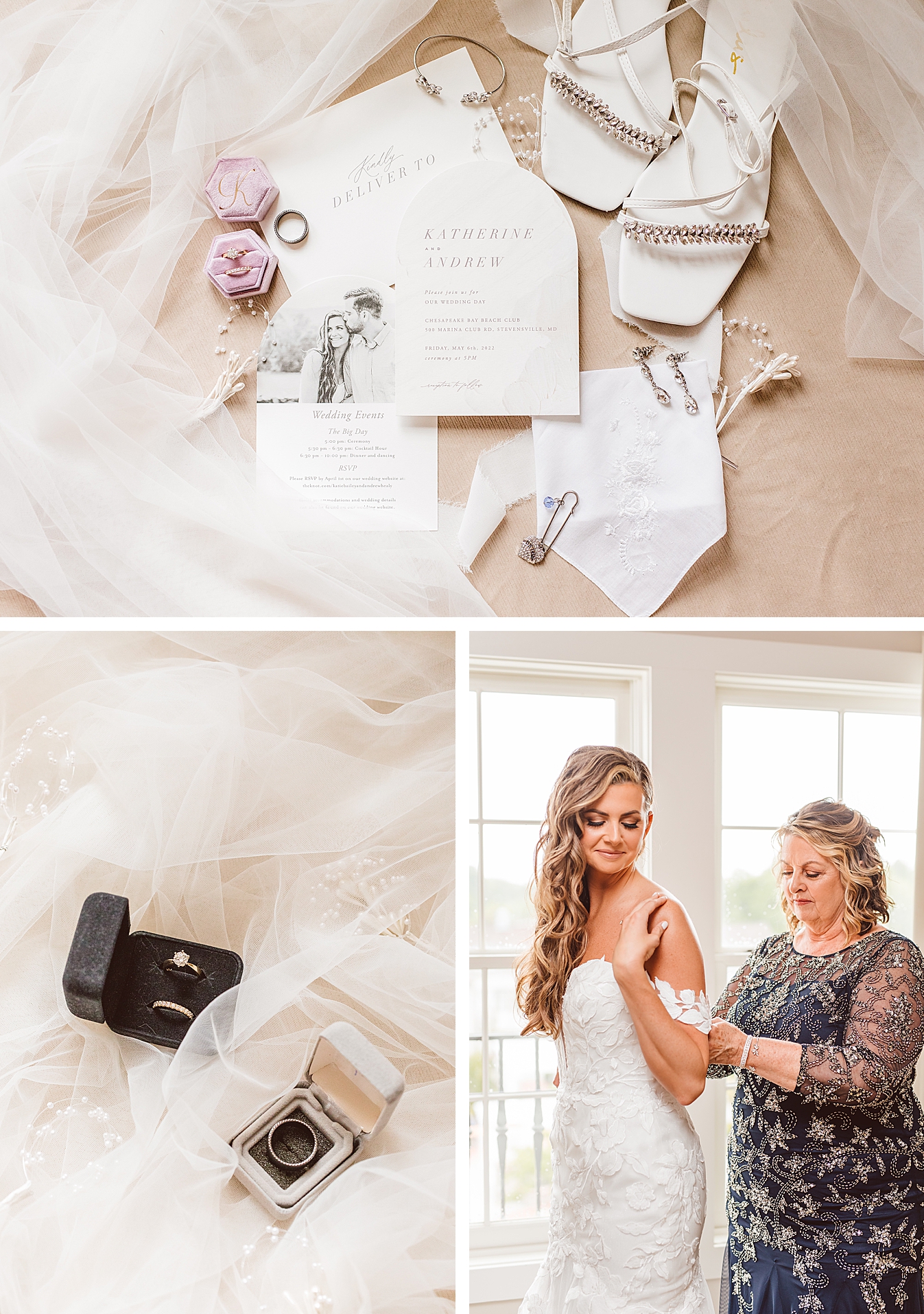 Elegant invitation suite with bridal shoes and jewelry | bride and groom’s parent’s ring boxes with wedding rings | bride’s mother helping her put on wedding dress | Brooke Michelle Photo
