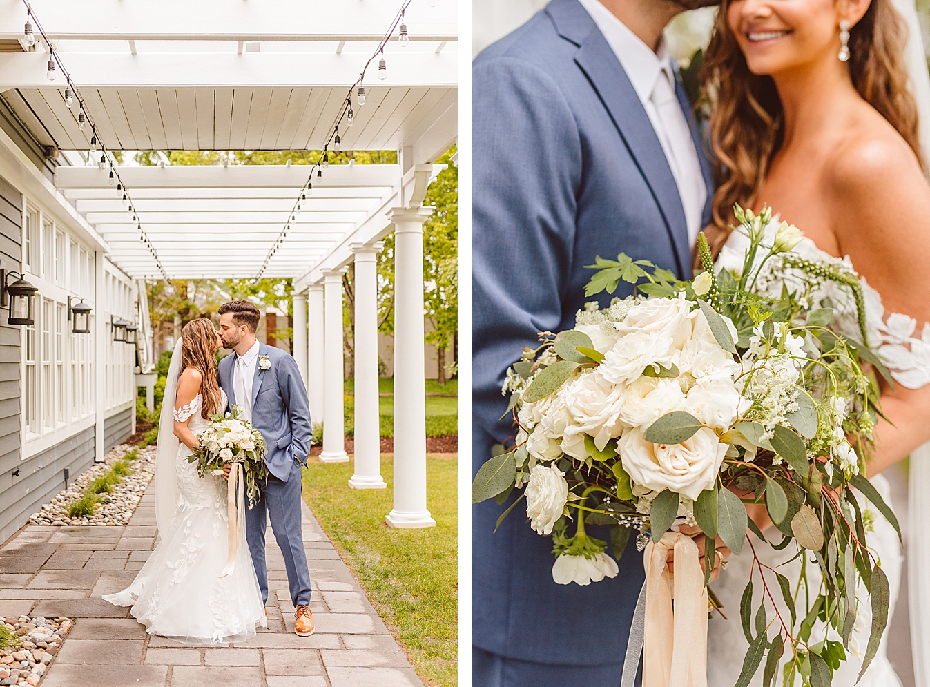 Bride and groom kissing under pergola at Chesapeake Bay Beach Club | Bridal bouquet filled with white roses and lush greenery | Brooke Michelle Photo
