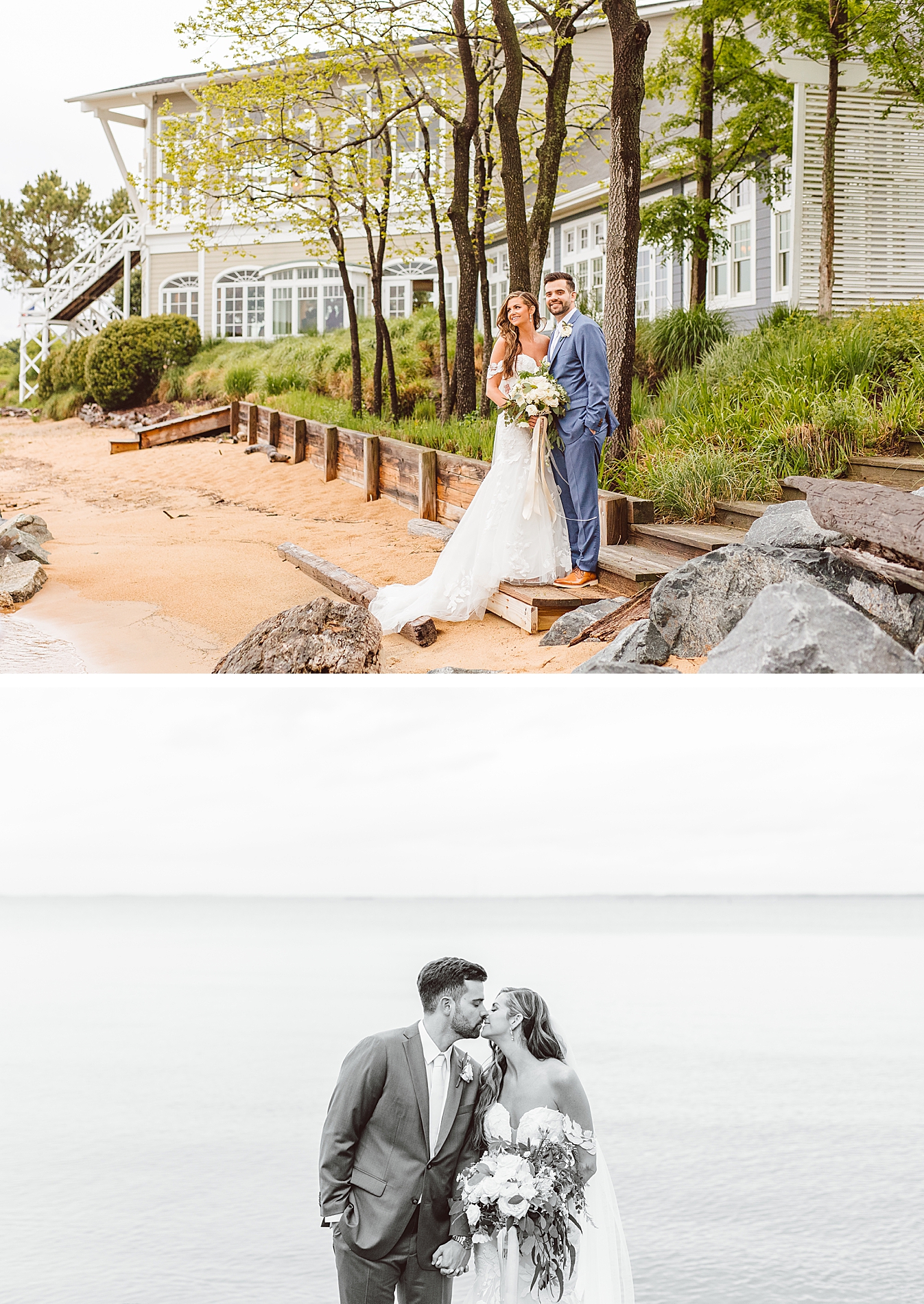 Bride looking into distance standing next to groom on beach | bride and groom kissing standing in front of bay | Brooke Michelle Photo