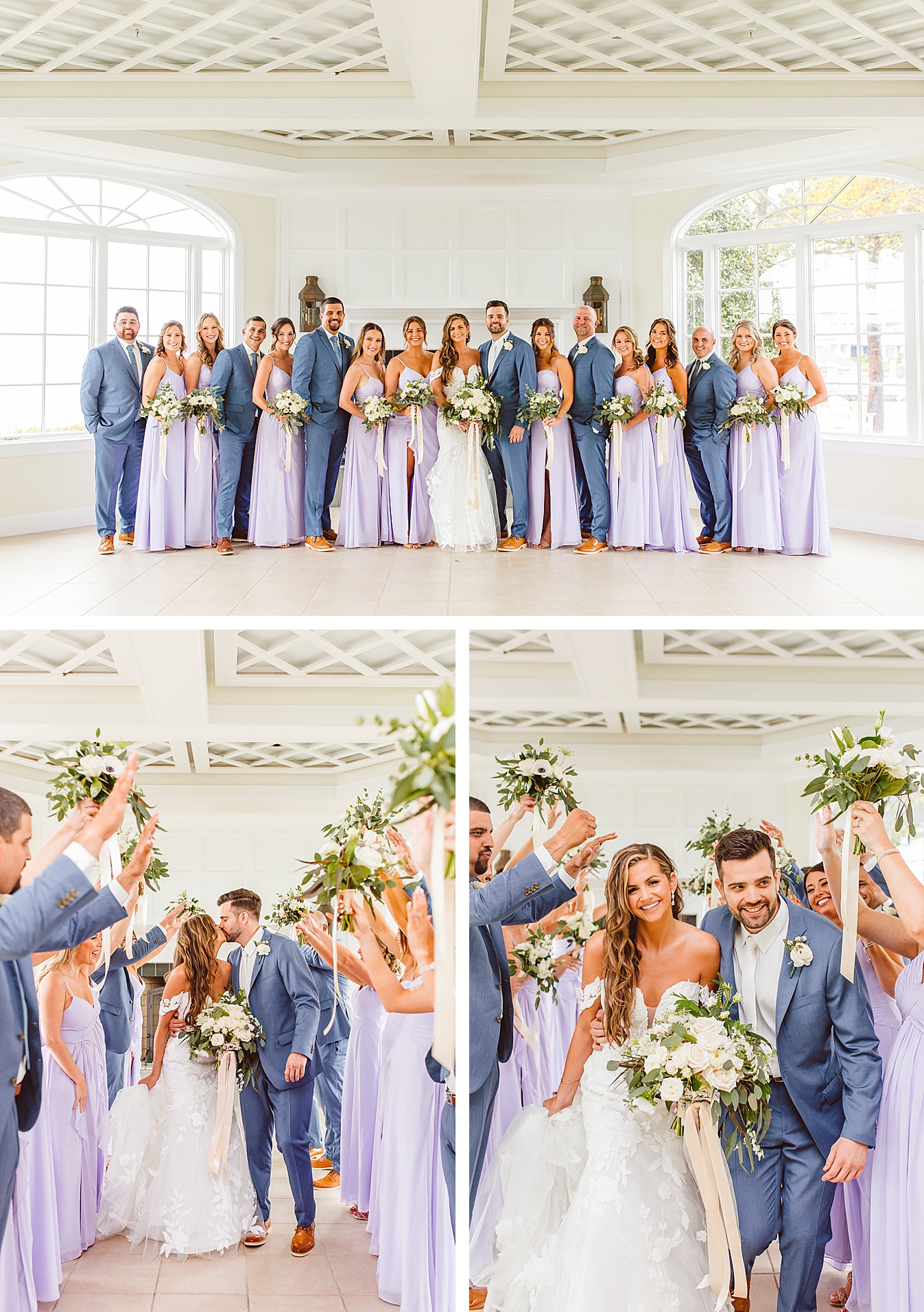 Bridesmaids and groomsmen with bride and groom at Chesapeake Bay Beach Club | Bride and groom kissing under tunnel of bouquets | Bride and groom running through tunnel with groomsmen and bridesmaids | Brooke Michelle Photo