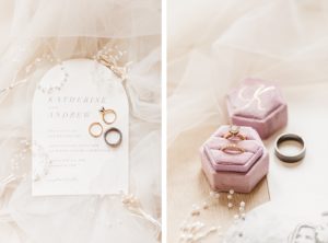Wedding rings in pale pink velvet box | white and pale pink wedding invitation with pearl details | Brooke Michelle Photo