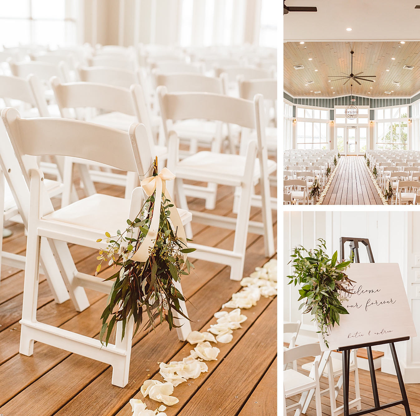 White chairs in ceremony space and aisle lined by white rose petals | Floor to ceiling windows in ceremony space at Chesapeake Bay Beach Club | Classic white welcome signed adorned by lush greenery | Brooke Michelle Photo