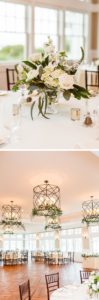 Floral centerpiece made of white hydrangeas and roses with lush greenery | Chandeliers with greenery at wedding reception | Brooke Michelle Photo