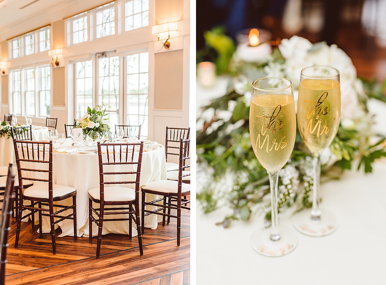 Dark brown chairs with white table cloths and classic white floral arrangements at wedding reception | Mr. and Mrs. champagne glasses at wedding | Brooke Michelle Photo