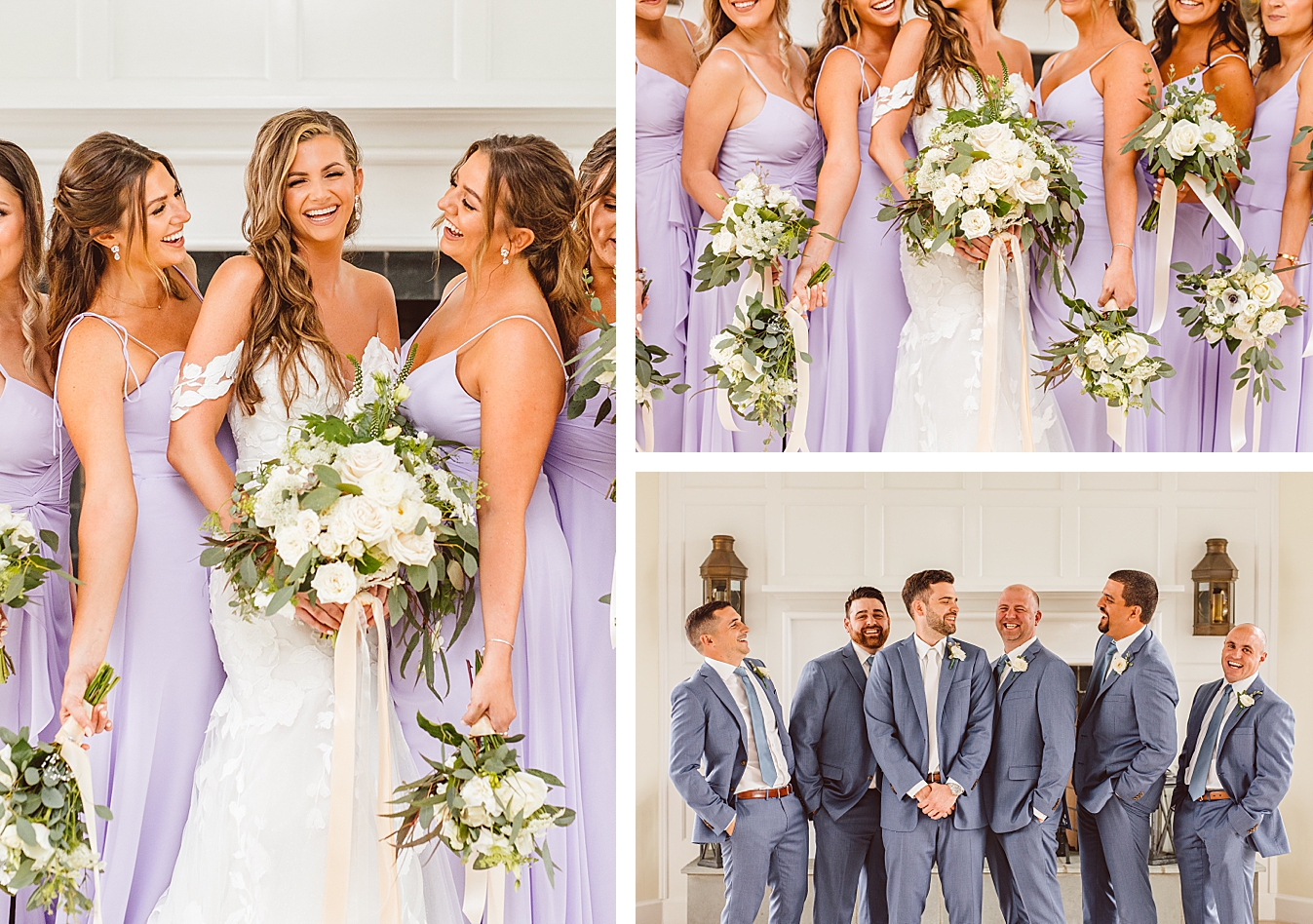 Bride laughing with bridesmaids in pale purple dresses | Bridesmaids in pale purple dresses holding white bouquets standing with bride | groom and groomsmen in steel blue suits | Brooke Michelle Photo
