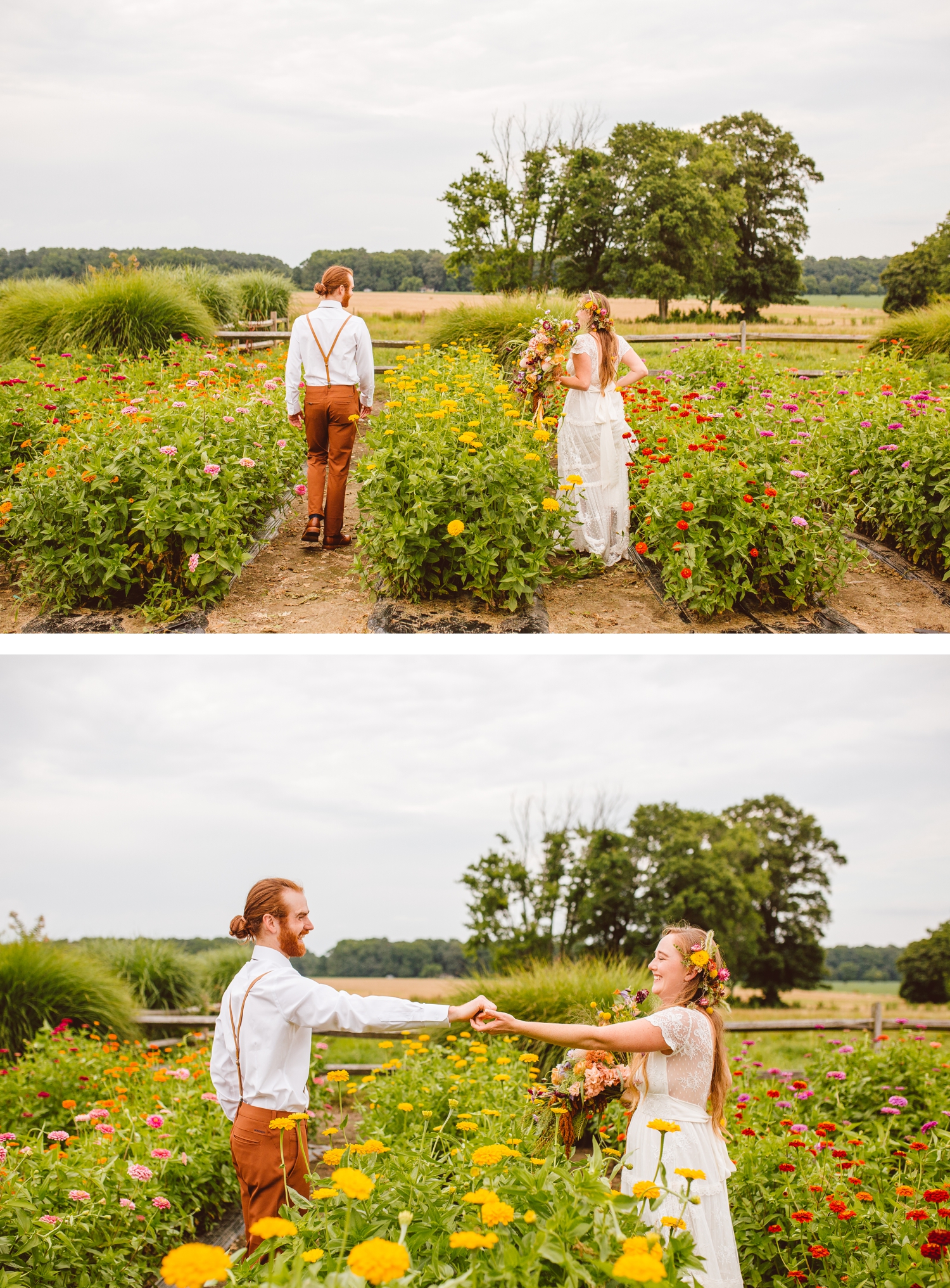 Bride and groom walking in flower field | bride and groom holding hands in flower field | Brooke Michelle Photography