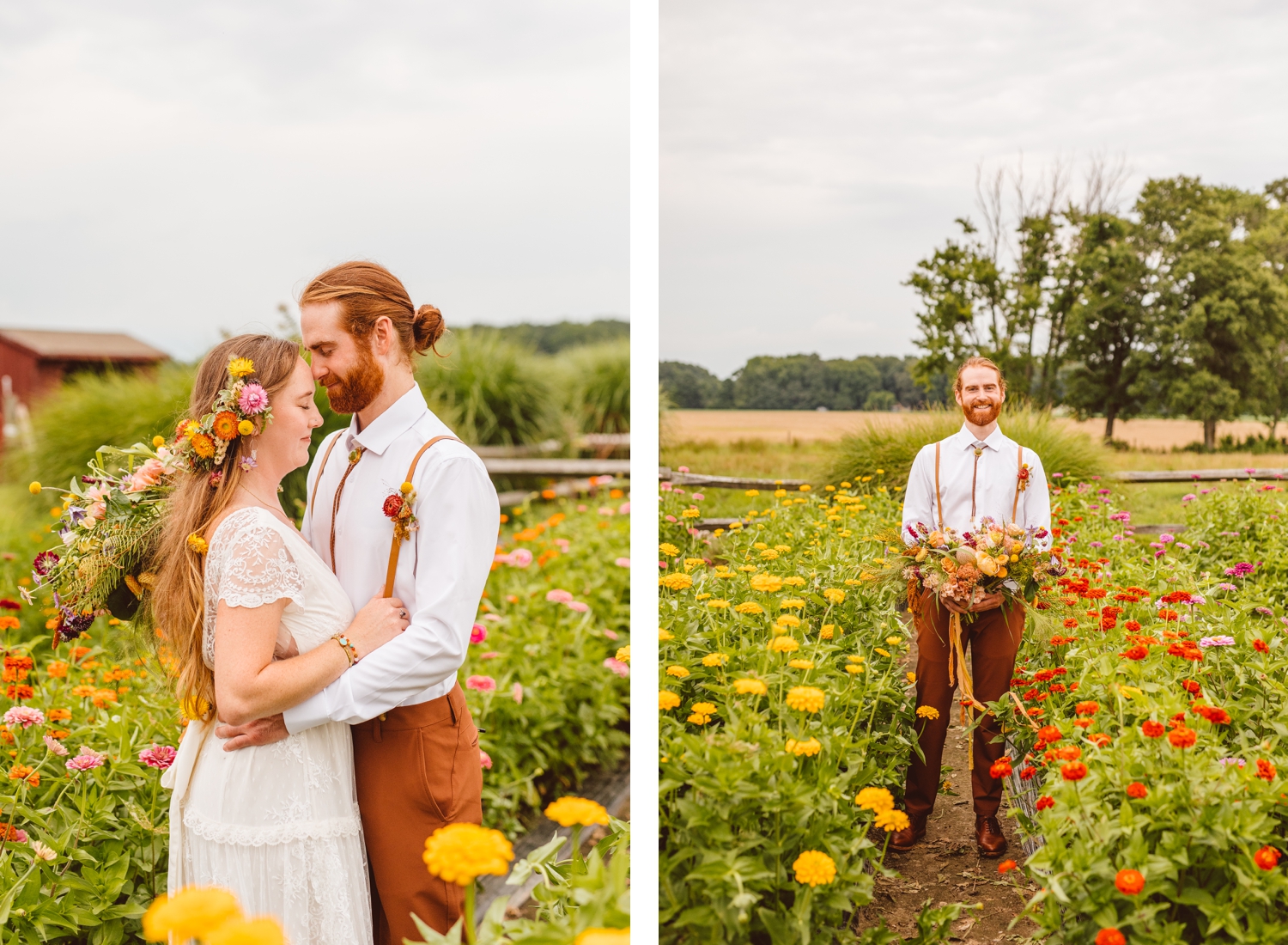 Bride and groom standing in flower field | groom holding bouquet in flower field | Brooke Michelle Photography