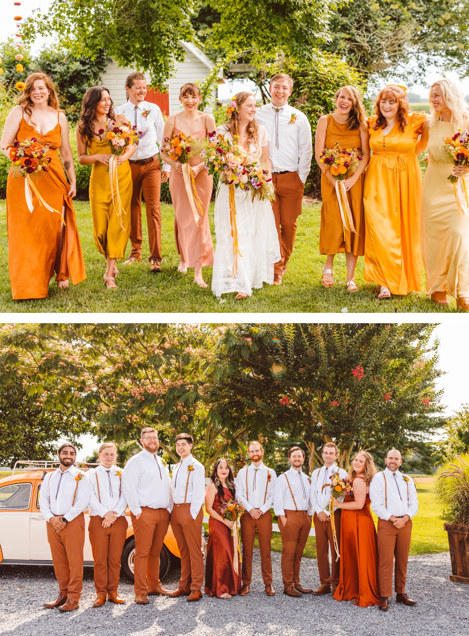 Colorful boho wedding party wearing orange and yellow dresses | groom with wedding party wearing orange pants and bolo tie | Brooke Michelle Photography