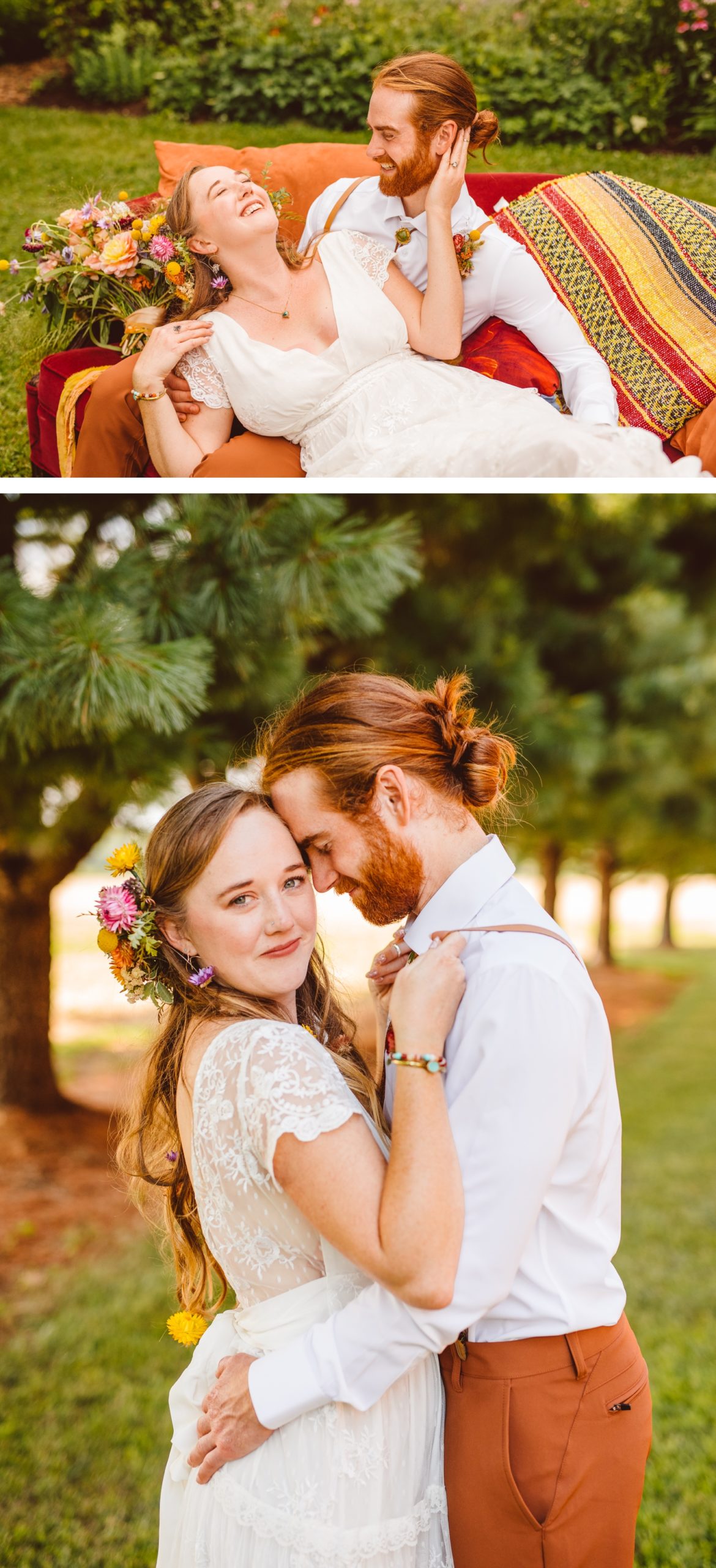 Bride and groom lounging on couch | boho bride looking at camera while groom looks at her | Brooke Michelle Photography