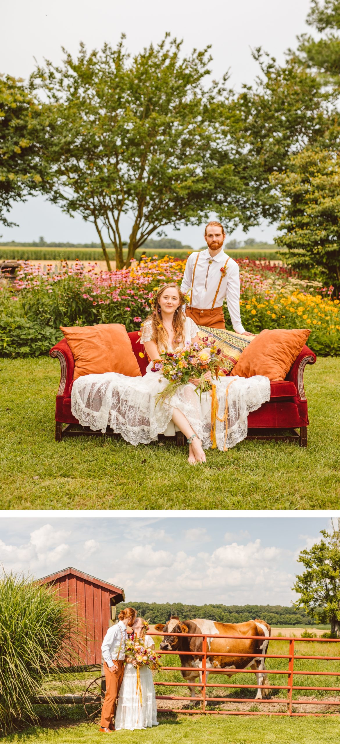 Bride sitting on couch with groom standing behind her | bride and groom kissing in front of cow | Brooke Michelle Photography