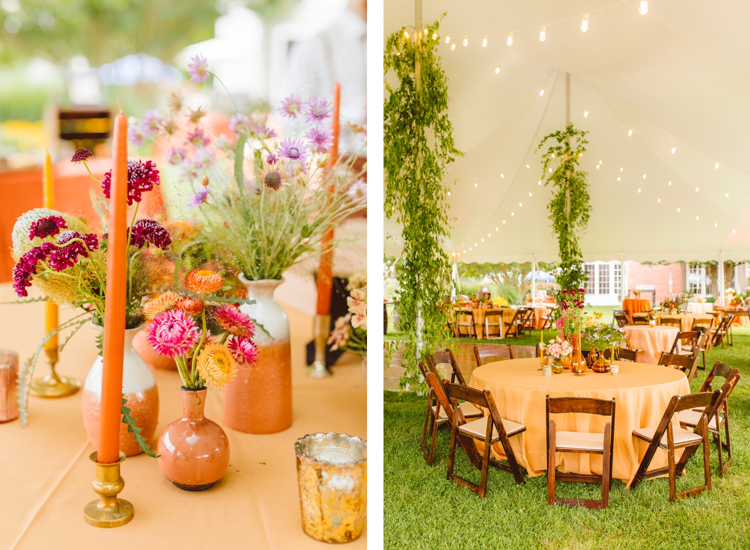 Pink, purple, and yellow flowers in random mix of vases with taper candles | reception tables covered in orange table cloths with colorful floral centerpieces | Brooke Michelle Photography
