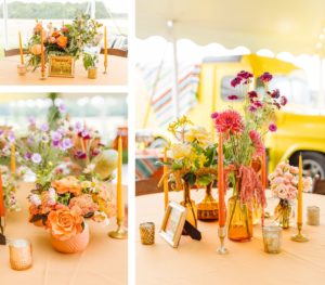 Colorful boho wedding reception with pink and orange floral centerpiece on orange table cloth | orange rose with purple flowers and tea candles | orange and yellow taper candles with pink flowers in vintage vases | Brooke Michelle Photography