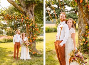 Bride and groom standing under tree with floral arrangement on tree branch | bride standing behind groom holding bouquet | Brooke Michelle Photography