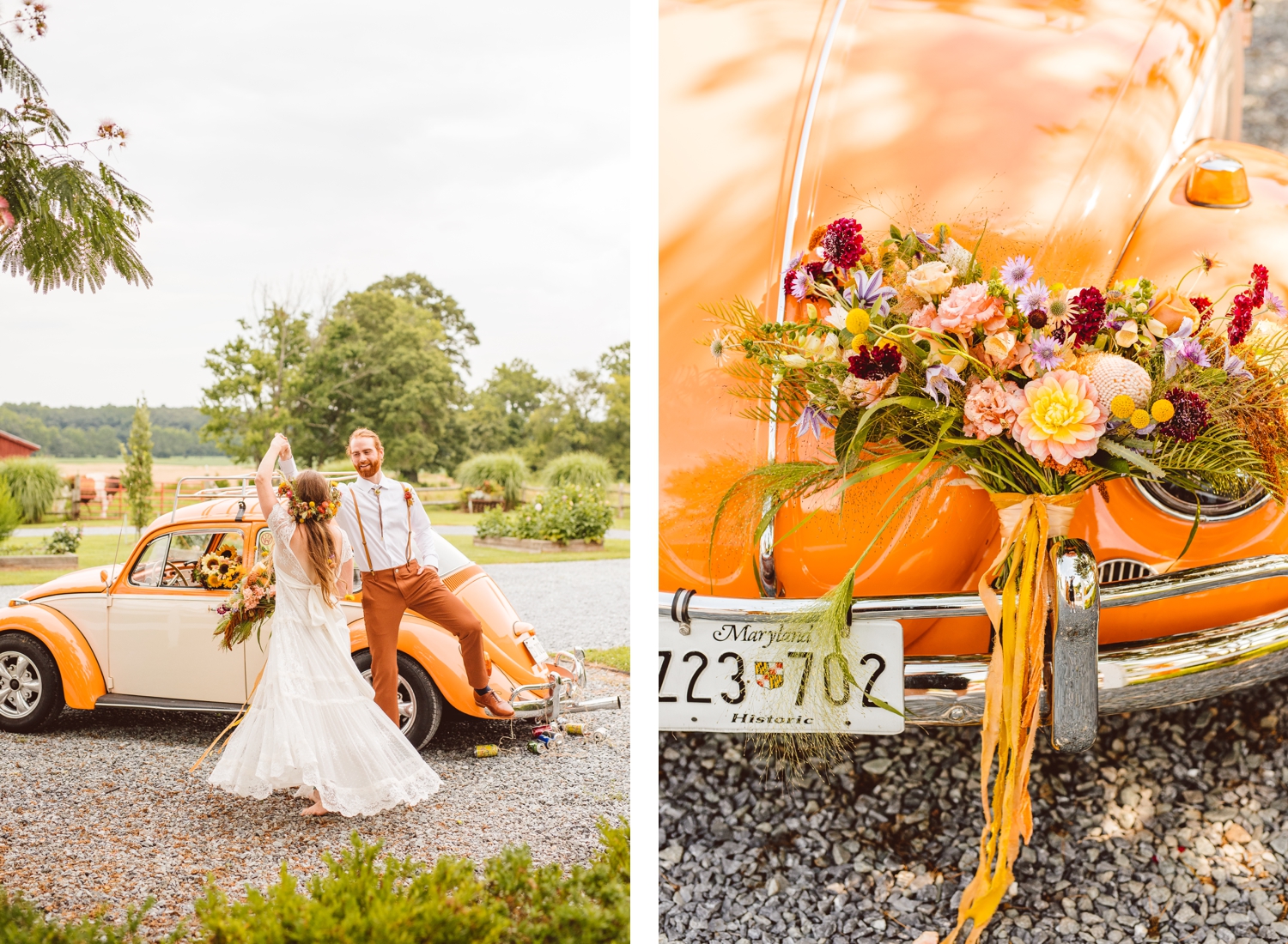 Groom twirling bride in front of VW bug | hand-tied bouquet sitting on VW bug | Brooke Michelle Photography