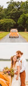 Bride and groom leaving ceremony in vintage VW bug | bride and groom standing in front of VW Bug | Brooke Michelle Photography
