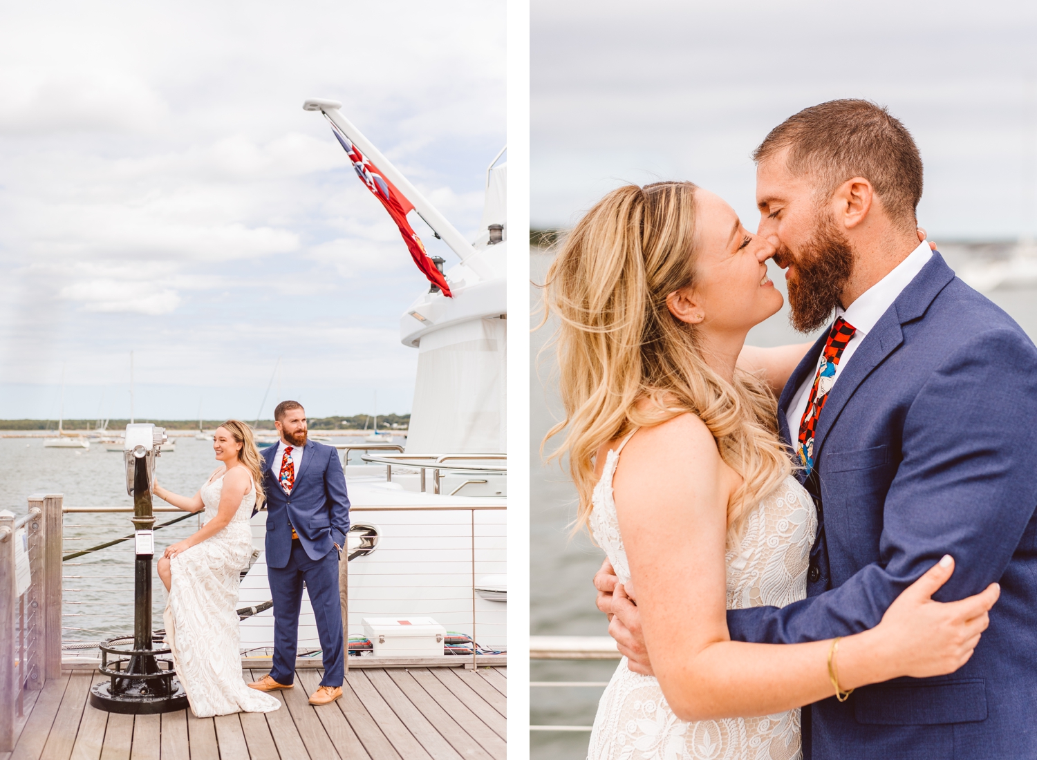 Bride and groom standing on pier in the Hamptons | Bride and groom kissing in Sag Harbor | Brooke Michelle Photography