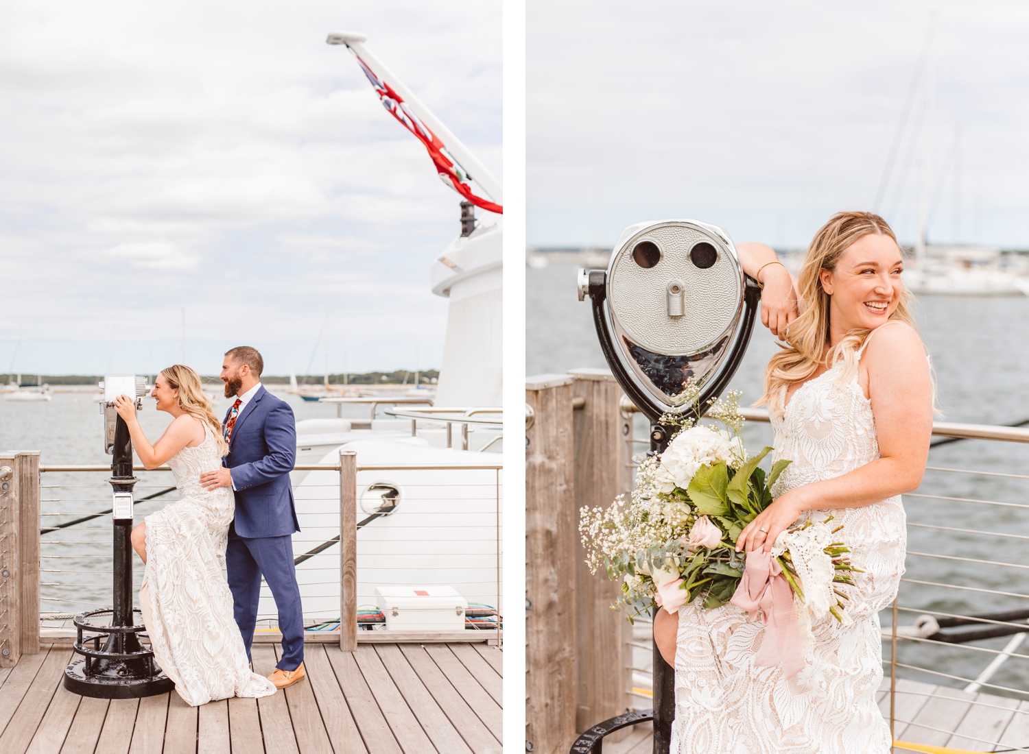 Bride looking through binoculars on pier | bride standing on pier in Sag Harbor | Brooke Michelle Photography