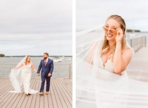 Bride and groom holding hands and walking on pier | bride wearing pink cat eye sunglasses | Brooke Michelle Photography