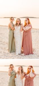 Bride and bridesmaids wearing cat eye sunglasses at golden hour | bride and bridesmaids looking over pink sunglasses | Brooke Michelle Photography