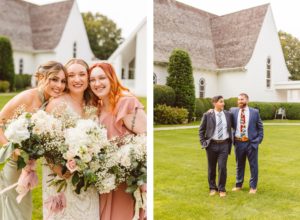 Bride and bridesmaids with white bouquets | groom with groomsman outside church | Brooke Michelle Photography