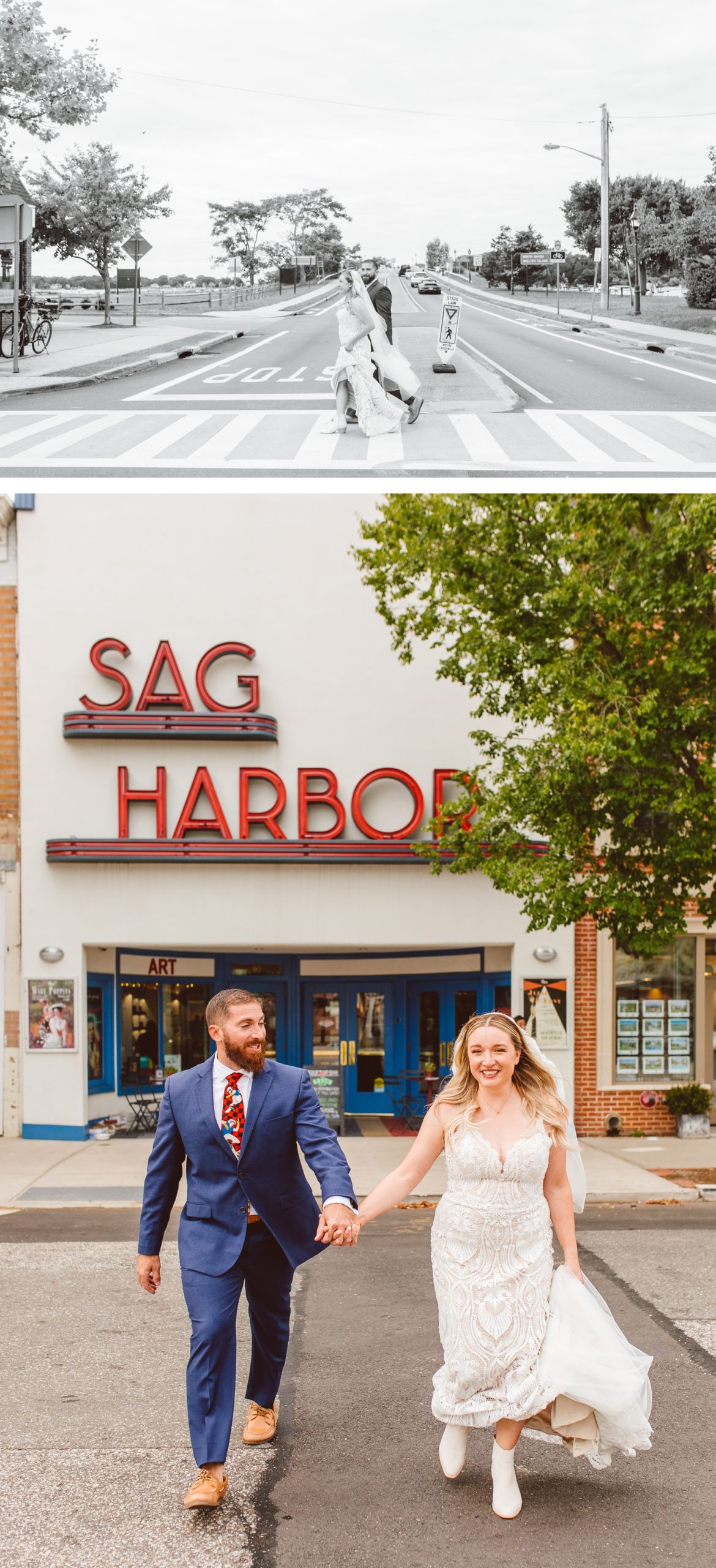 Bride and groom walking on street in Sag Harbor | bride and groom in front of Sag Harbor Cinema | Brooke Michelle Photography