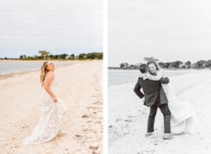 Bride wearing retro pink sunglasses in wedding dress | groom hugging bride on beach | Brooke Michelle Photography