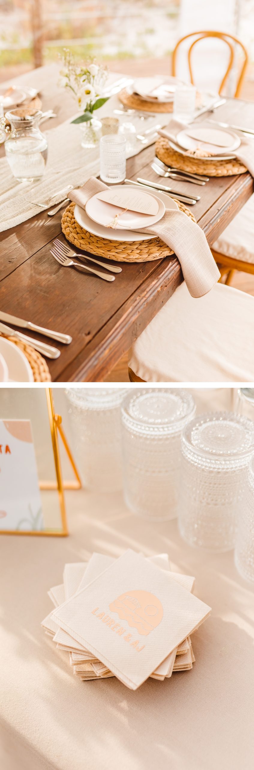 White place setting with ivory napkin at wedding reception | personalize white cocktail napkins | Brooke Michelle Photography