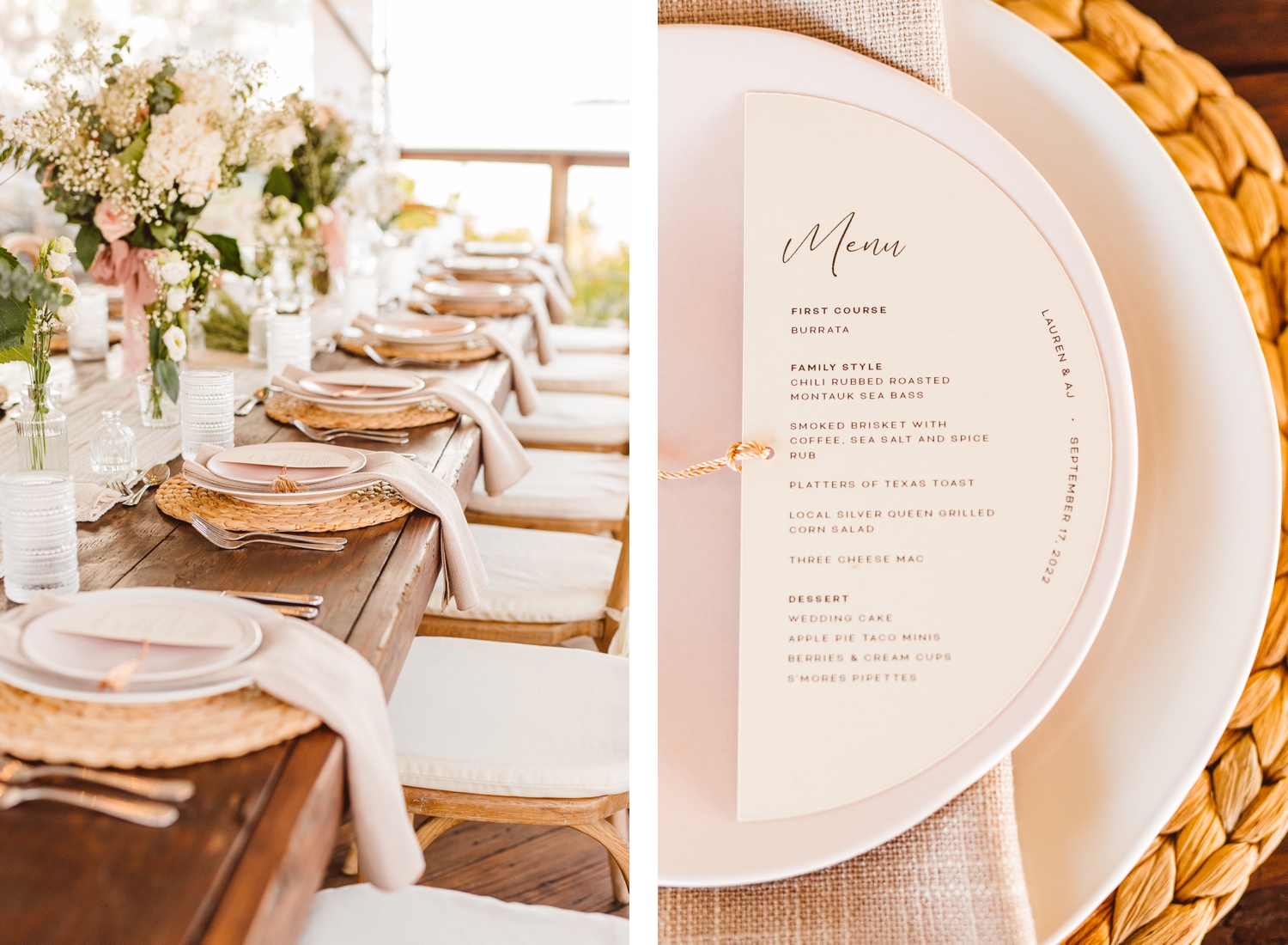 Intimate dinner table at wedding reception | semi circle wedding reception menu | Brooke Michelle Photography