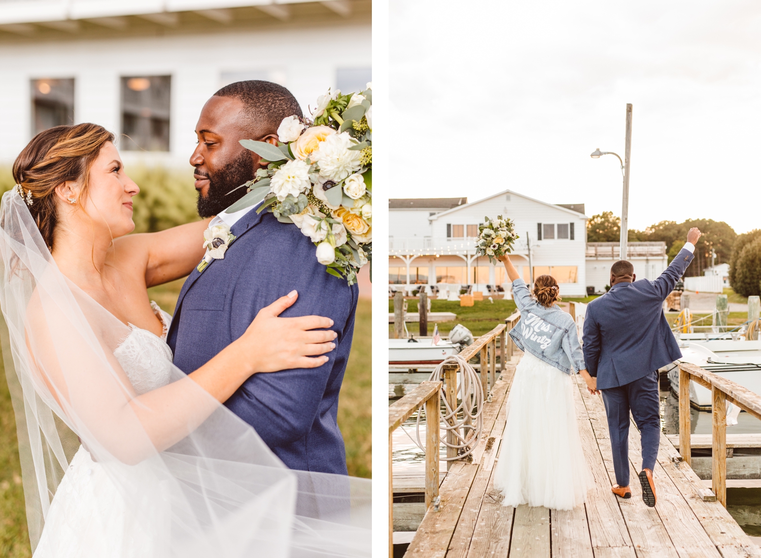 Bride and groom looking at each other with veil blowing in wind | Bride and groom walking away with fists raised in the air | Brooke Michelle Photography