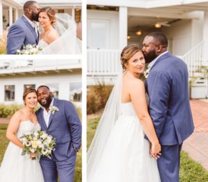 Groom kissing bride on hand with veil blowing in wind | bride and groom smiling at Wylder Hotel Tilghman Island | Groom kissing bride on head before ceremony | Brooke Michelle Photography