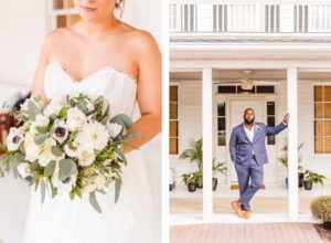 Bride holding white and green wedding bouquet | groom leaning against pole at Wylder Hotel Tilghman Island | Brooke Michelle Photography
