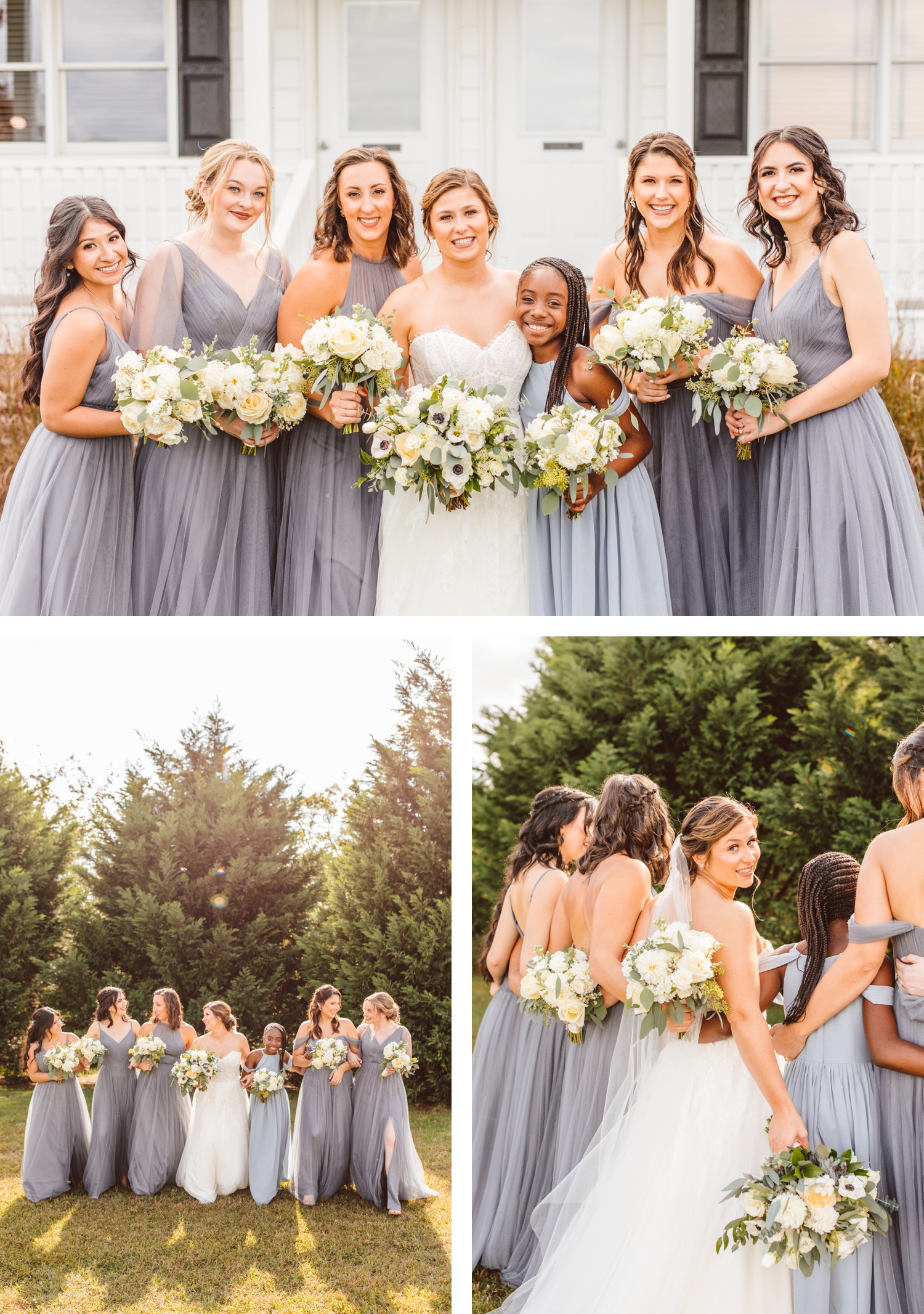 Bridesmaids in light blue dresses with bride | bride and bridesmaids walking and holding bouquets | bride looking back while standing with bridesmaids | Brooke Michelle Photography