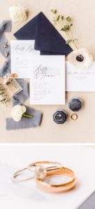 Classic blue and white invitations and wedding details | Wedding bands with wedding date engraved on band | Brooke-Michelle-Photography