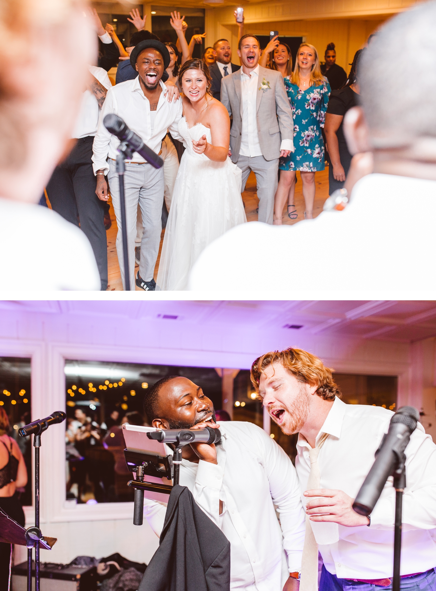 Bride and guests reacting to groom singing at wedding reception | groom singing at wedding reception at Wylder Hotel Tilghman Island | Brooke Michelle Photography