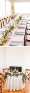 Long table with light blue napkins and greenery on reception table at Wylder Hotel Tilghman Island | sweetheart table at Wylder Hotel Tilghman Island | Brooke Michelle Photography