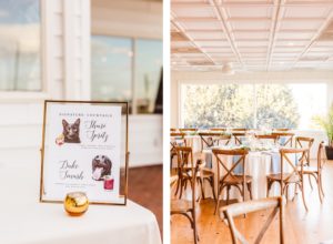 Signature cocktails with dog artwork on menu | cross back chairs and white tablecloths at Wylder Hotel Tilghman Island wedding reception | Brooke Michelle Photography