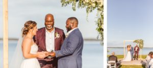 Bride groom exchanging rings at Wylder Hotel Tilghman Island wedding ceremony | bride groom kissing at wedding ceremony | Brooke Michelle Photography