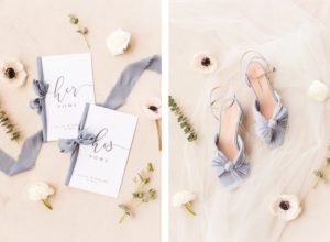 Bride and groom’s wedding vow books | light blue velvet bride’s shoes | Brooke Michelle Photography