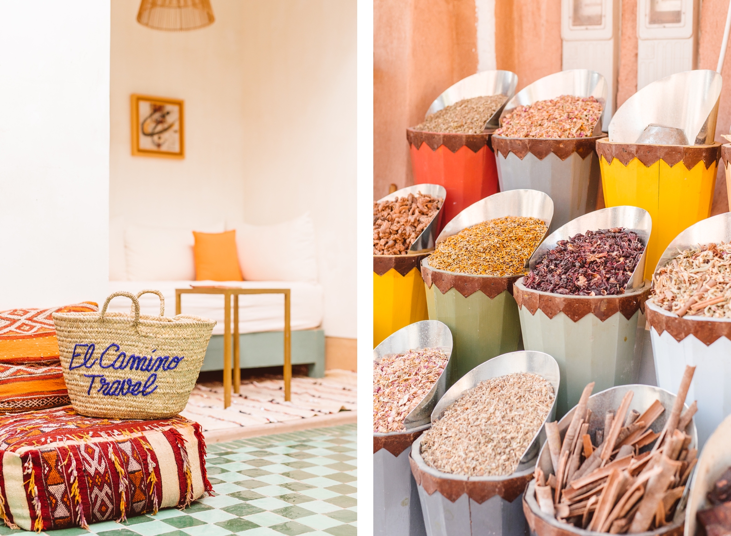 Straw bag that says El Camino Travel sitting on Moroccan poof | colorful containers of spices in Moroccan open air market | Brooke Michelle Photography
