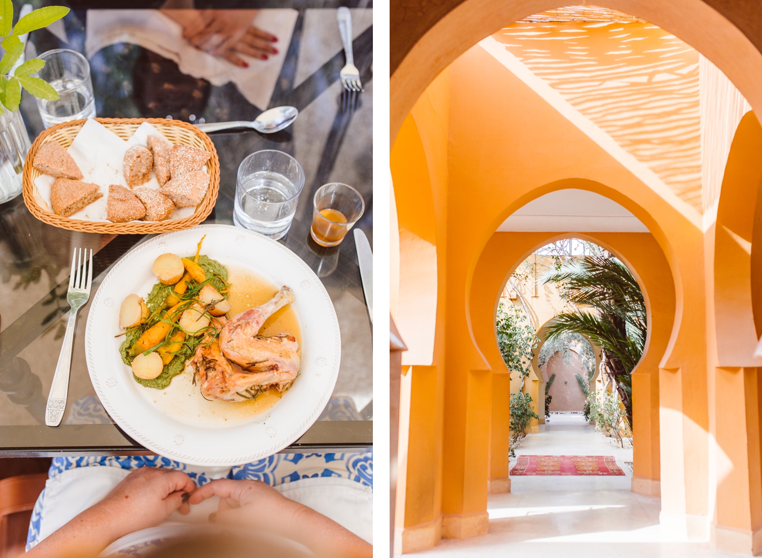 Plate full of Moroccan food including chicken and vegetables | Hallway lined with orange arches in Marrakesh, Morocco | Brooke Michelle Photography