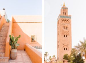Cactus sitting next to stairs of pink building in Marrakesh, Morocco | pink stone tower with blue details in Marrakesh, Morocco | Brooke Michelle Photography