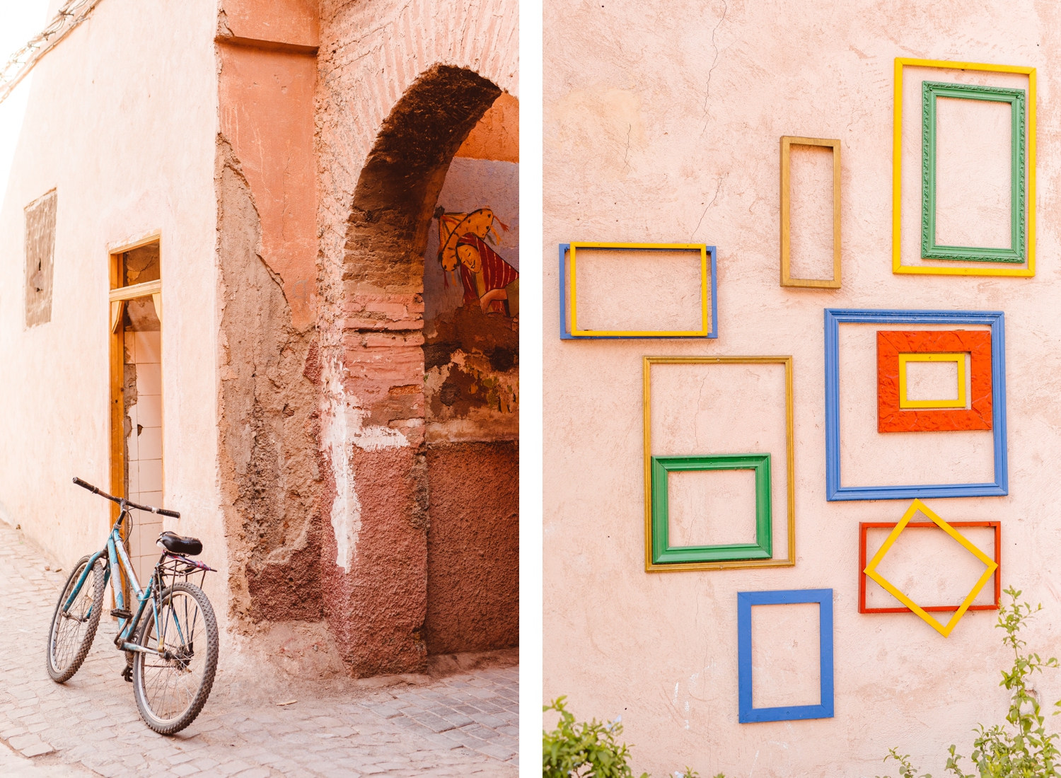 Bike leaning against pink stone wall in Marrakesh, Morocco | Colorful frames hung on wall in Marrakesh, Morocco | Brooke Michelle Photography