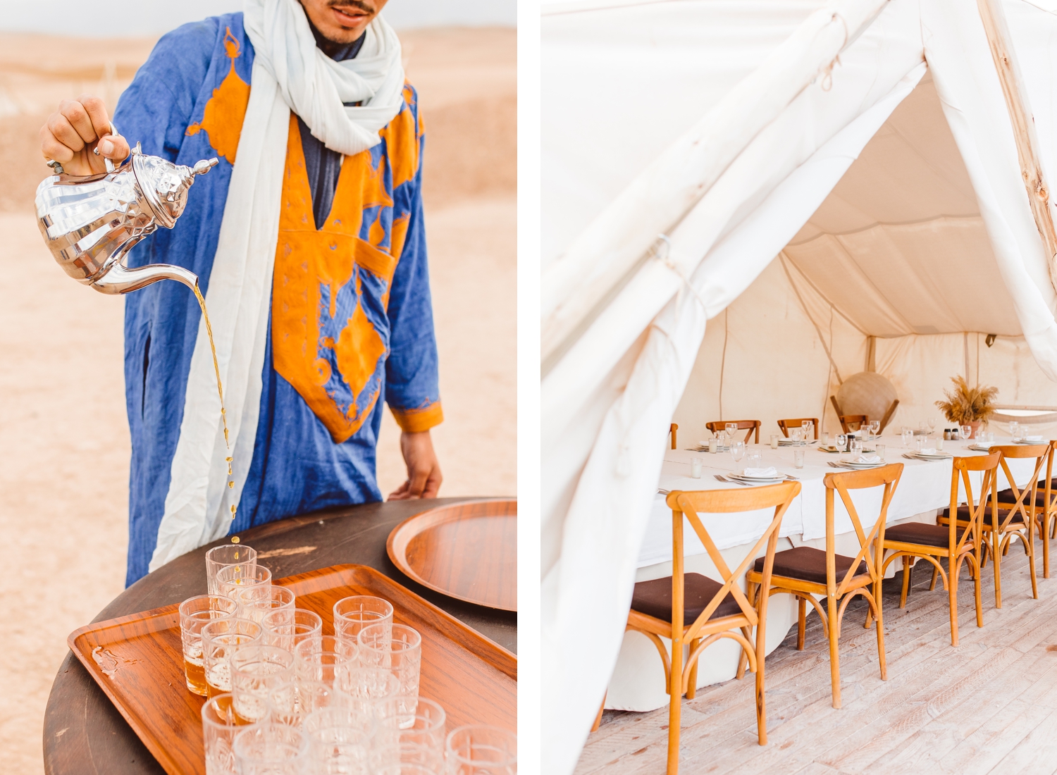 Man pouring tea for travelers in Afgay Desert | Dinner table set up under white tent in Afgay Desert | Brooke Michelle Photography