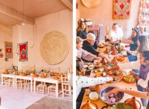 Table set up with tagine for cooking lesson in Morcco | Group of women enjoying a meal together in Morocco | Brooke Michelle Photography
