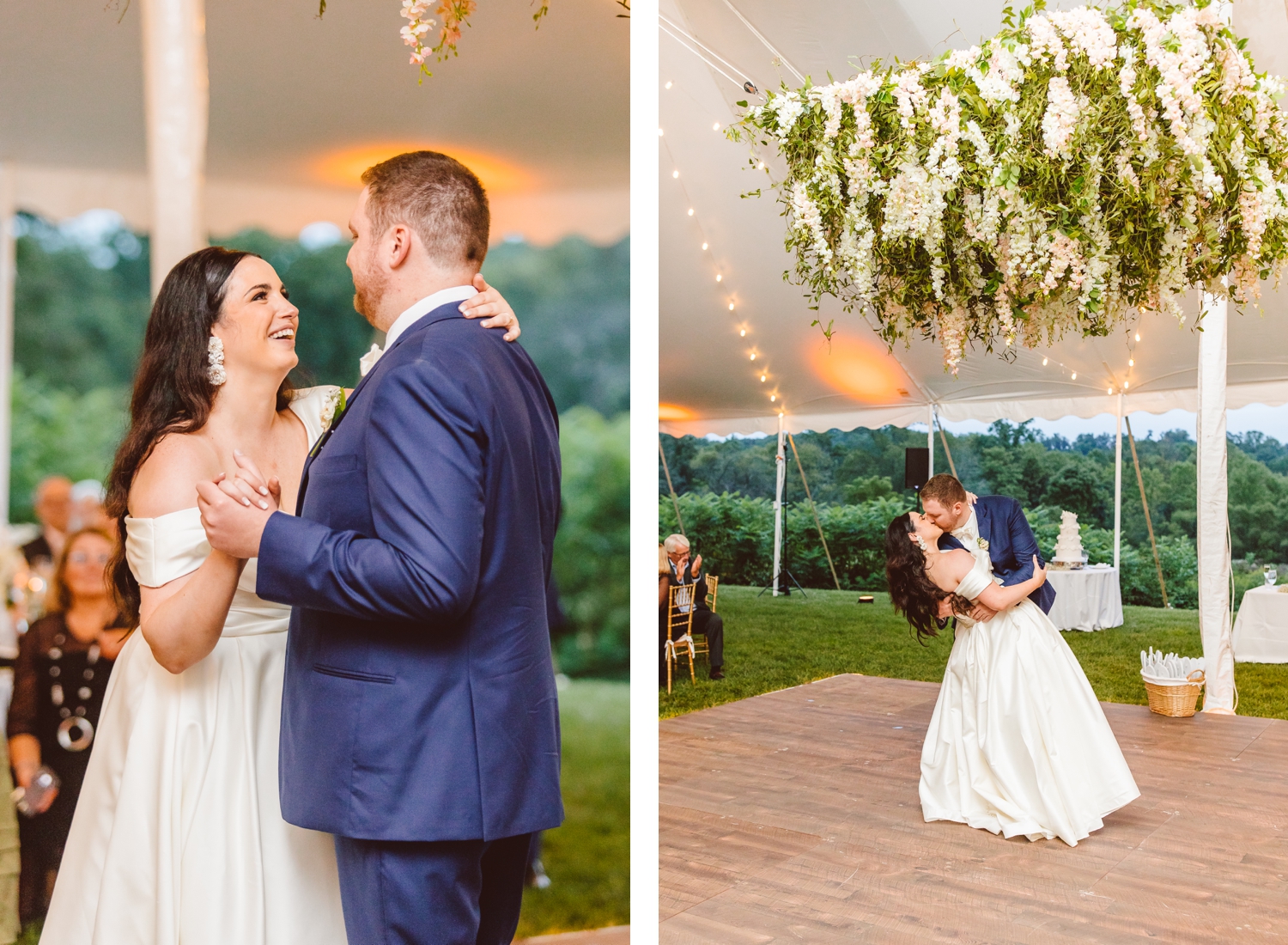Bride and groom's first dance at Ladew Topiary Gardens wedding | groom dipping bride after first dance | Brooke Michelle Photo