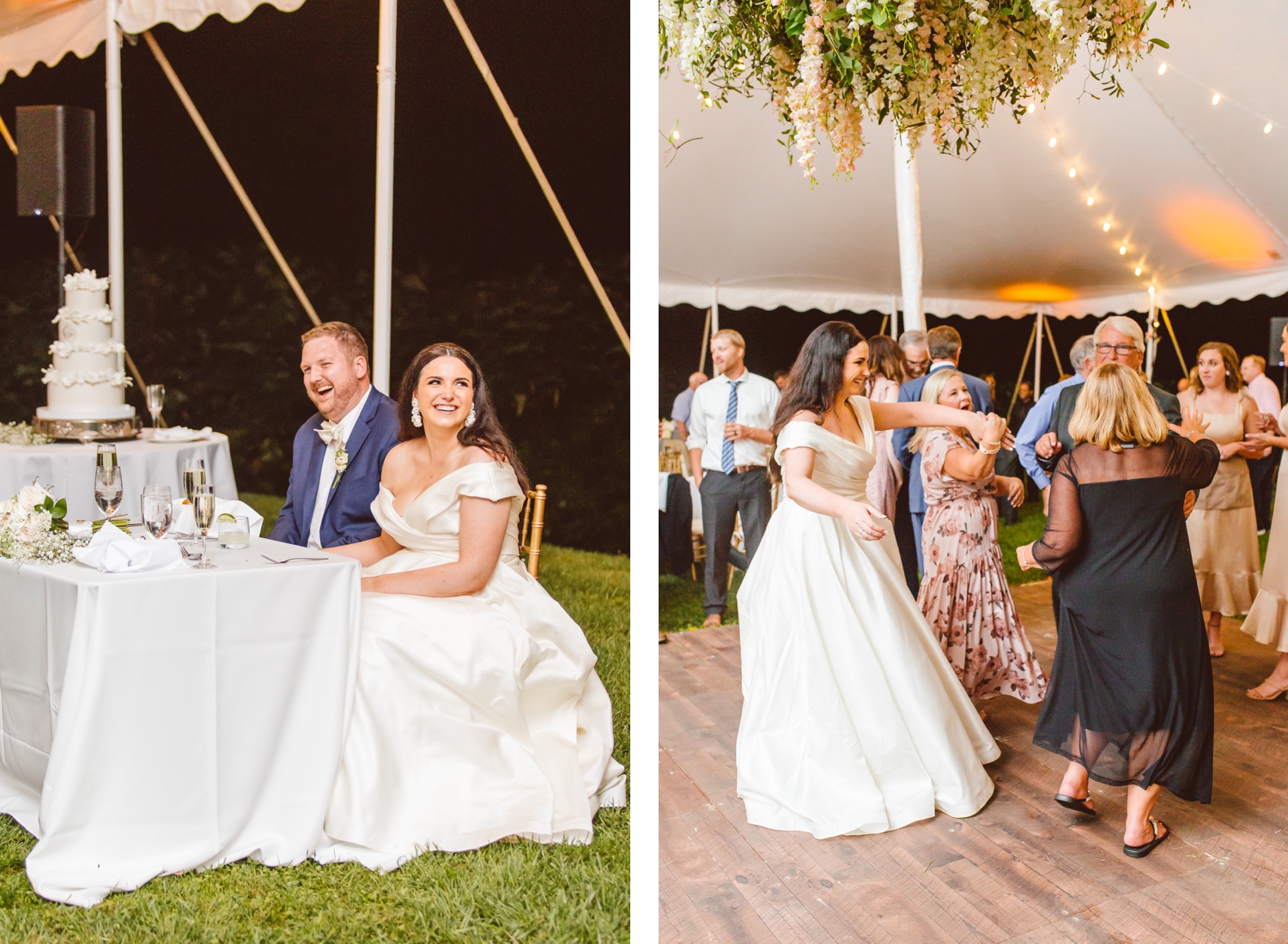 Bride and groom laughing during reception at Ladew Topiary Garden wedding | bride dancing with wedding guests | Brooke Michelle Photo