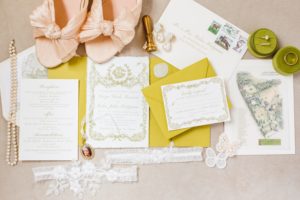 Elegant wedding invitation suite with butterfly details and green envelopes | Brooke Michelle Photo