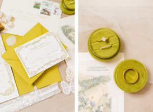Stationery designed by bride on top of green envelopes | bride and groom's ring in green ring box | Brooke Michelle Photo