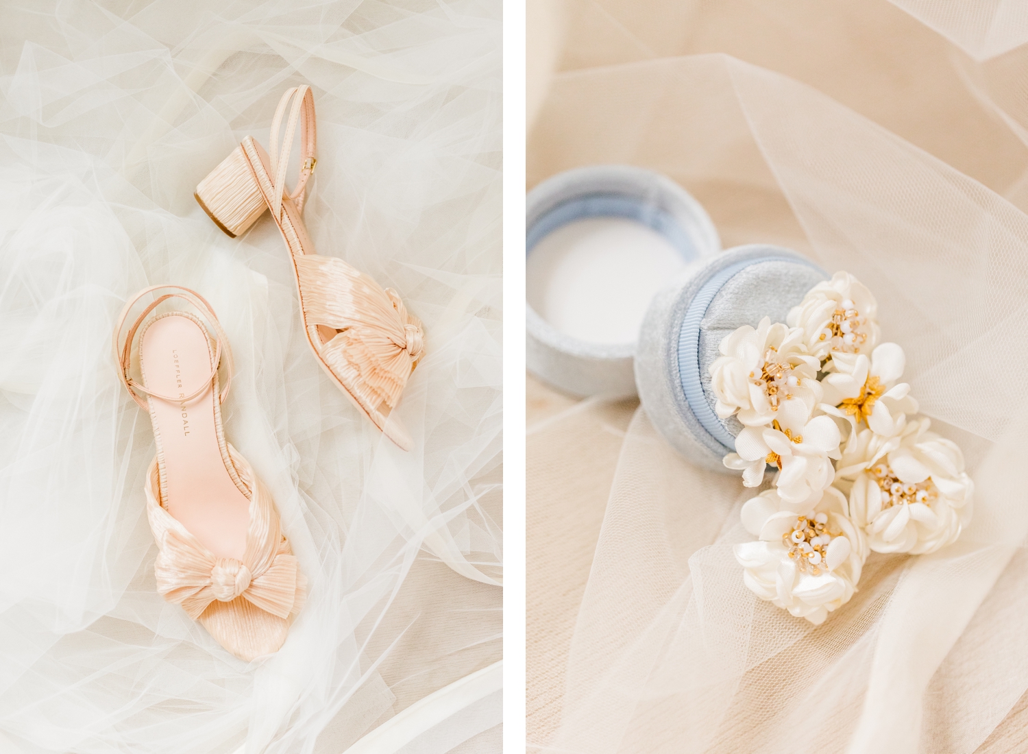 Bride's pale pink satin shoes on top of veil | bride's floral earrings on top of blue velvet box | Brooke Michelle Photo