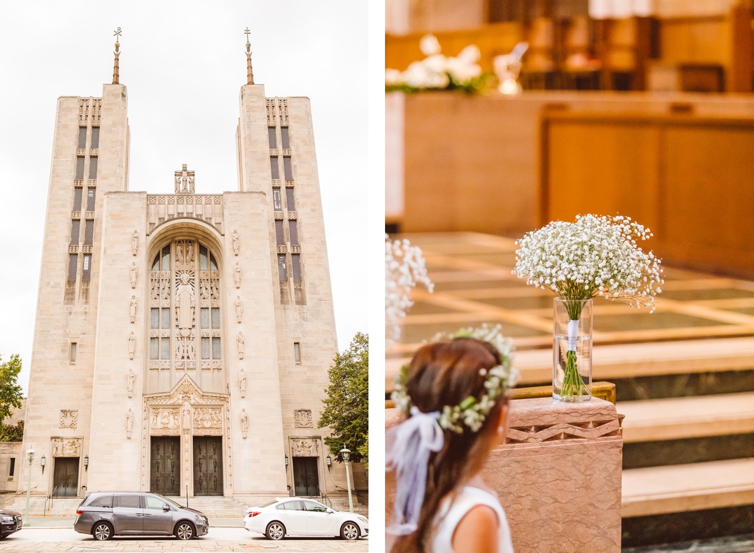 Cathedral of Mary Our Queen before wedding ceremony | bouquet sitting on altar in honor of bride's late sister | Brooke Michelle Photo